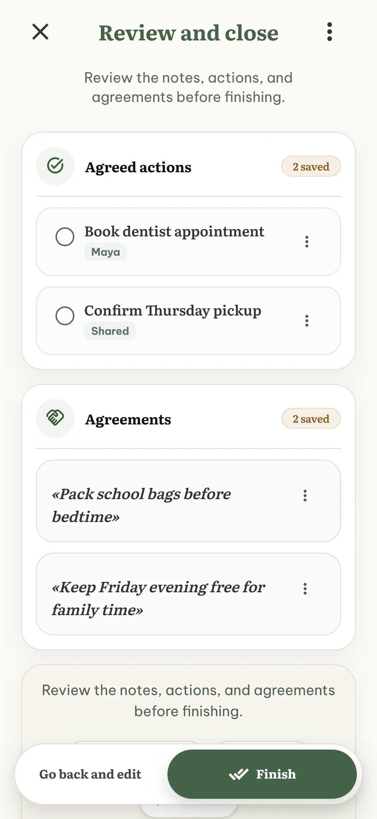 OurWeek's Review and close screen showing shared actions and agreements before a meeting is finished.
