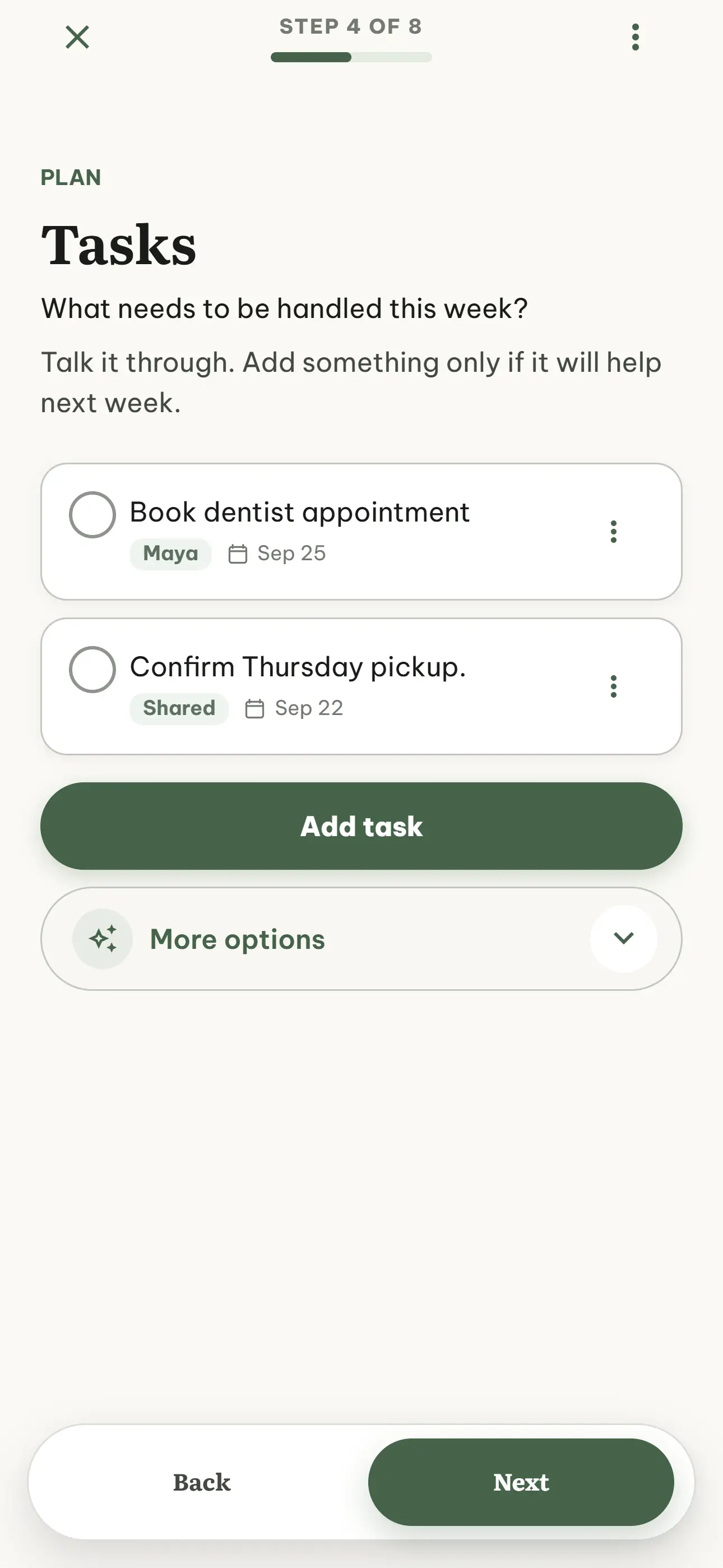 OurWeek's Tasks meeting step with a dentist appointment and Thursday pickup assigned as shared follow-ups.